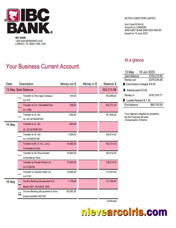 IBC Bank business checking account statement